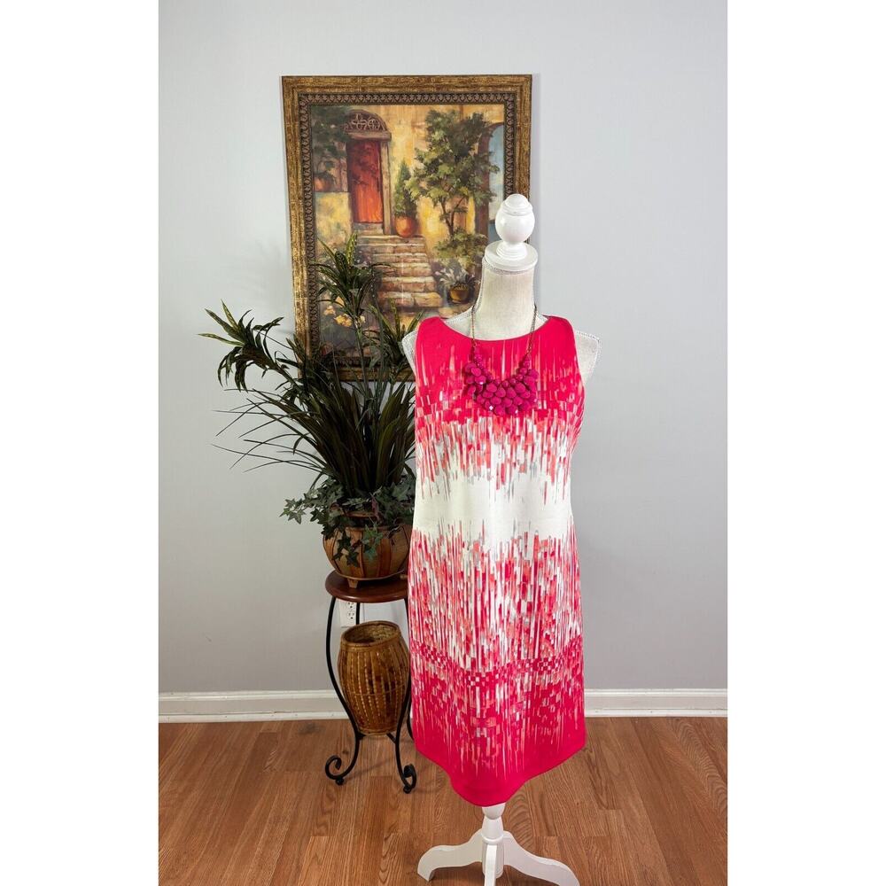 Vince Camuto Sheath Dress Women 8 Pink White Patterned Sleeveless Lined Back Zip